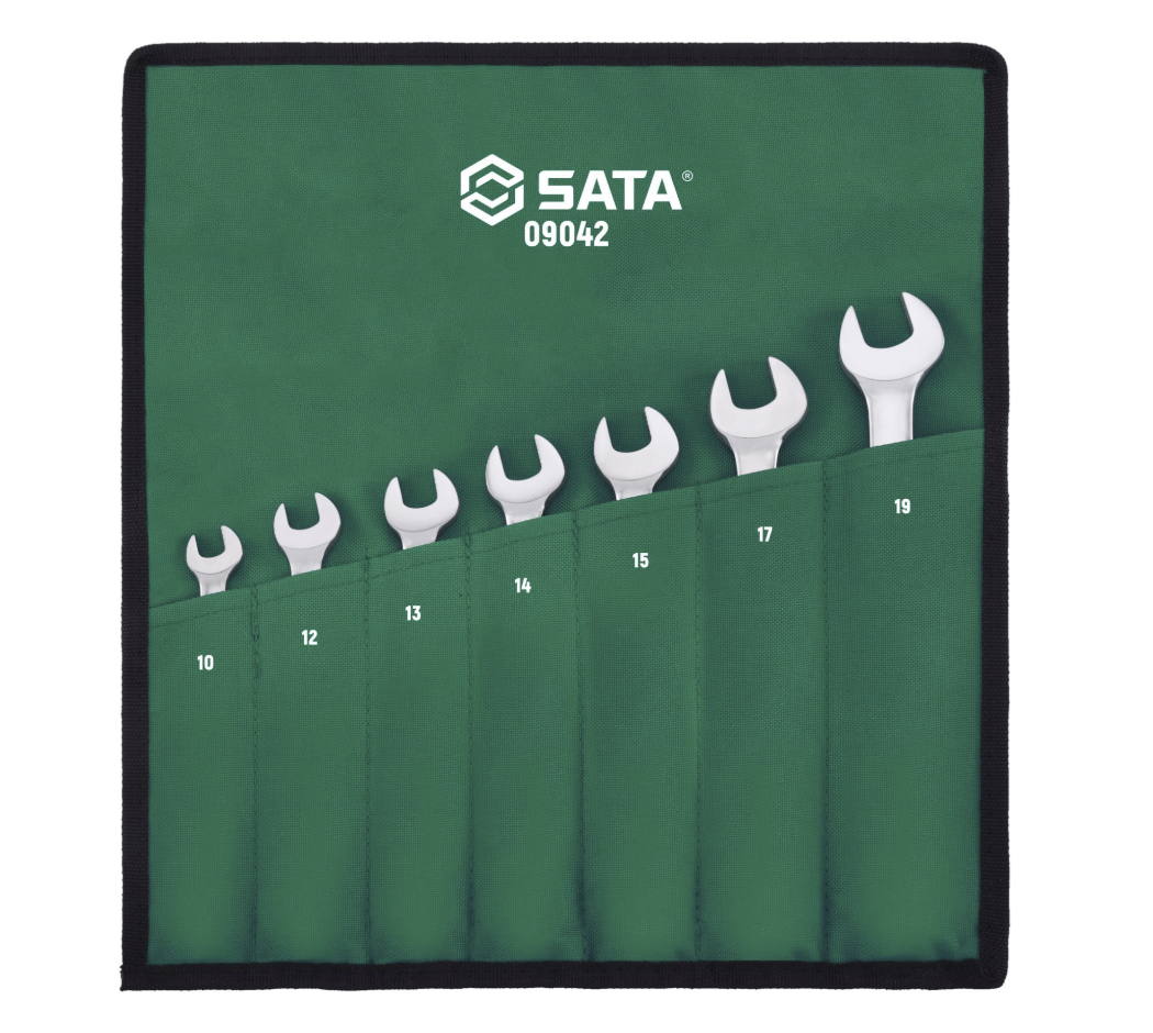 SATA 09042 7-piece flex head ratcheting wrench set, metric 10-19mm. Pivoting head for improved access in tight spaces.