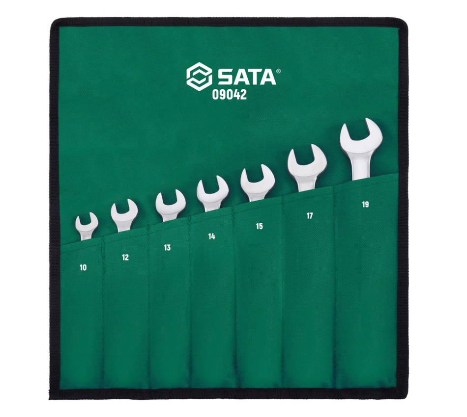 SATA 09042 7-piece flex head ratcheting wrench set, metric 10-19mm. Pivoting head for improved access in tight spaces.