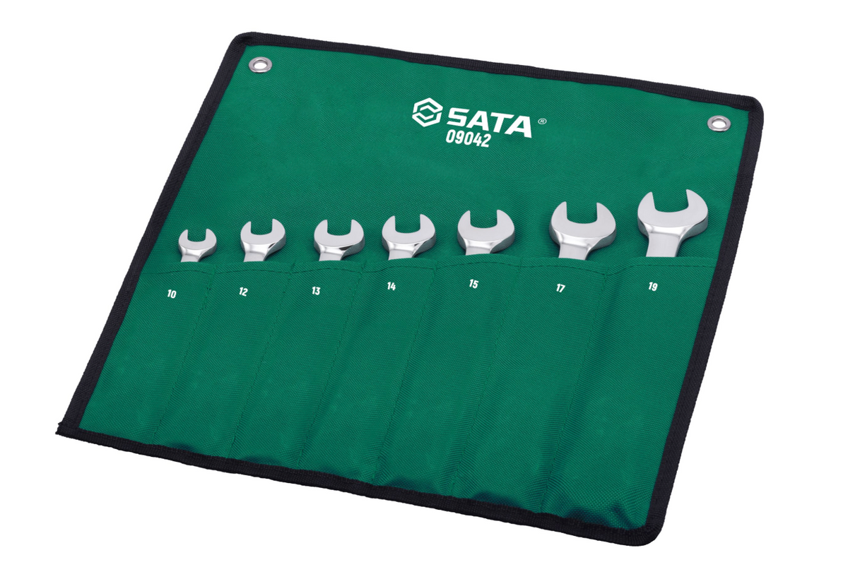 SATA 09042 7-piece flex head ratcheting wrench set, metric 10-19mm. Pivoting head for improved access in tight spaces.
