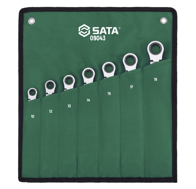 SATA 09043 7-piece extra long locking flex ratcheting wrench set, metric 10-19mm. Extended reach with a locking pivot head.
