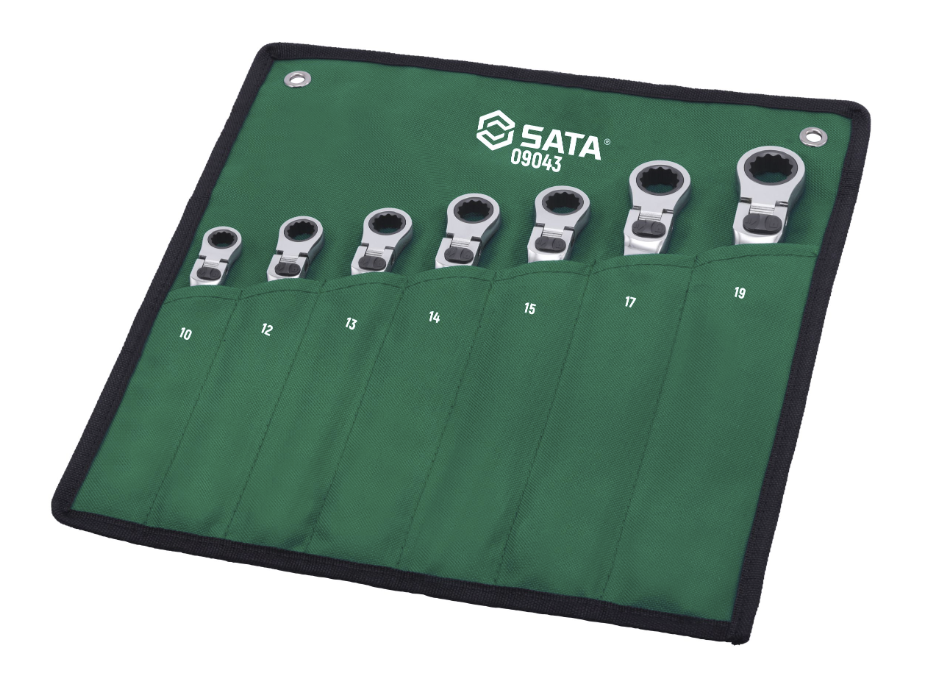 SATA 09043 7-piece extra long locking flex ratcheting wrench set, metric 10-19mm. Extended reach with a locking pivot head.