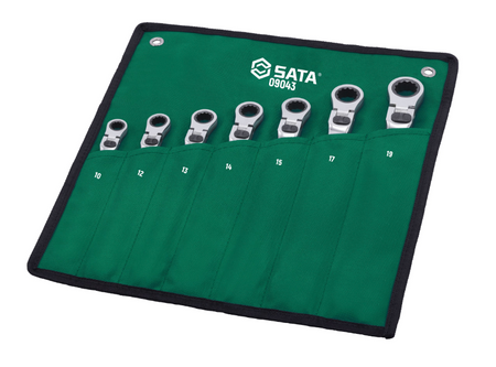 SATA 09043 7-piece extra long locking flex ratcheting wrench set, metric 10-19mm. Extended reach with a locking pivot head.