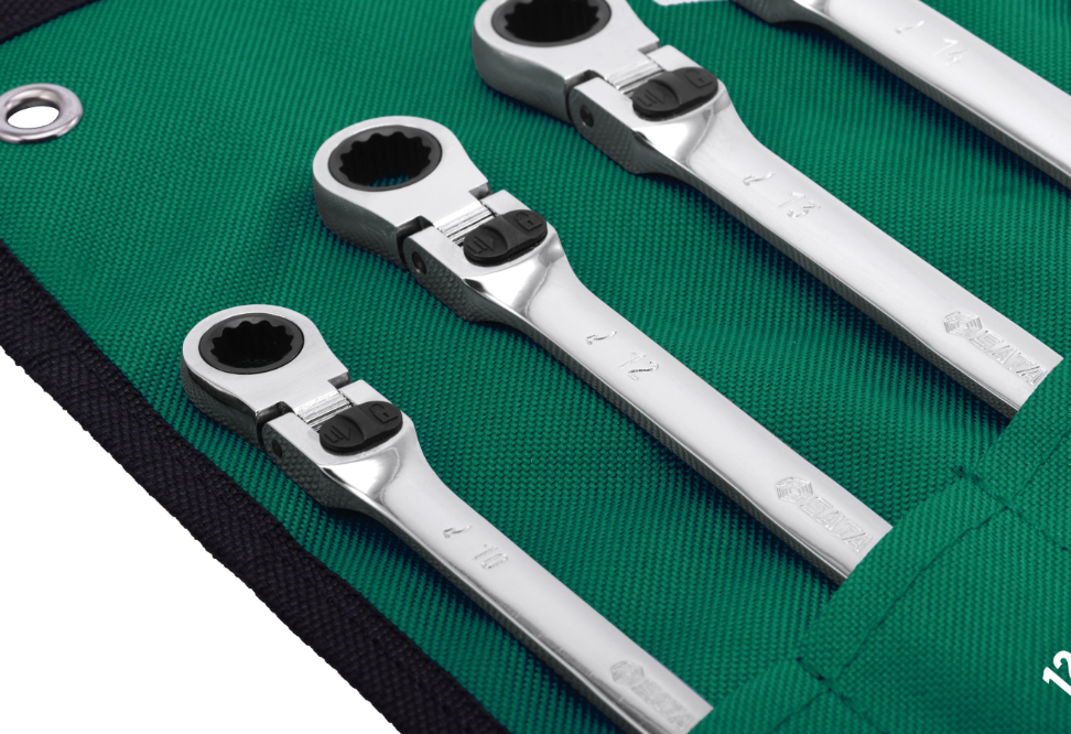 SATA 09043 7-piece extra long locking flex ratcheting wrench set, metric 10-19mm. Extended reach with a locking pivot head.