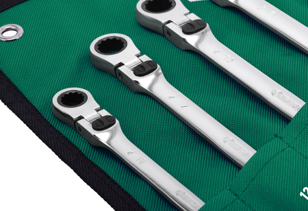 SATA 09043 7-piece extra long locking flex ratcheting wrench set, metric 10-19mm. Extended reach with a locking pivot head.