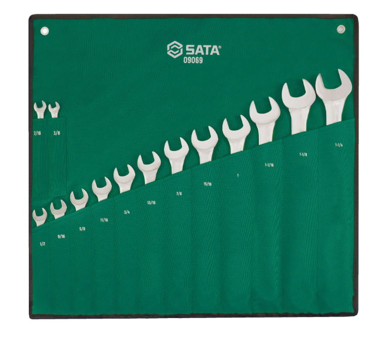 SATA 09069 14-piece full polish combination wrench set, SAE 3/8"-1-1/4". Durable, precision-forged for versatile use.