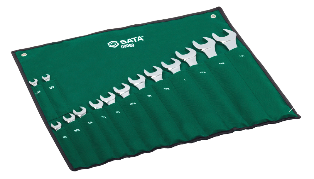 SATA 09069 14-piece full polish combination wrench set, SAE 3/8"-1-1/4". Durable, precision-forged for versatile use.
