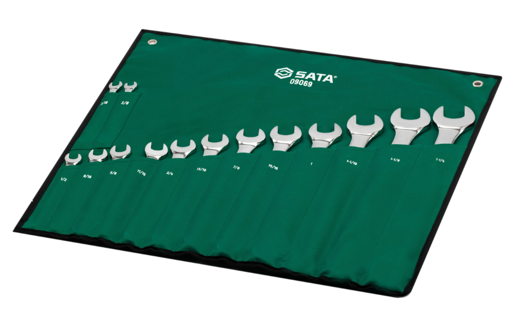 SATA 09069 14-piece full polish combination wrench set, SAE 3/8"-1-1/4". Durable, precision-forged for versatile use.