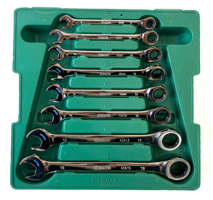SATA 09079 8-piece combination ratcheting wrench set, metric 8-19mm. Fast, efficient fastening for everyday use.