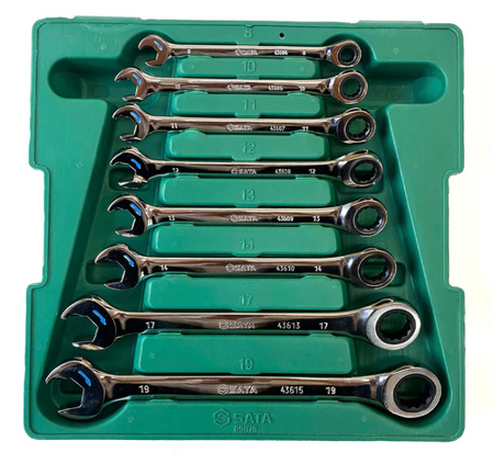 SATA 09079 8-piece combination ratcheting wrench set, metric 8-19mm. Fast, efficient fastening for everyday use.