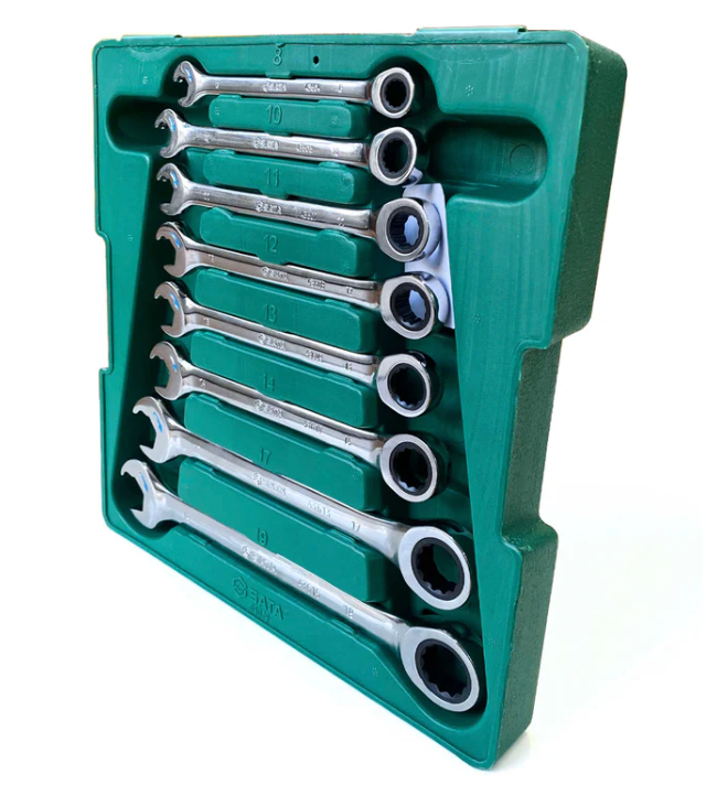 SATA 09079 8-piece combination ratcheting wrench set, metric 8-19mm. Fast, efficient fastening for everyday use.