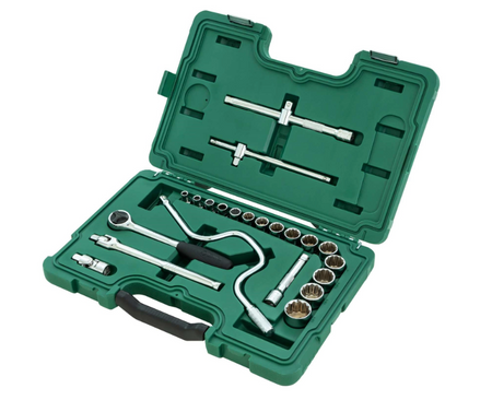 SATA 09088 22-piece 1/2" drive SAE socket set with ratchet, speeder, extension bars & universal joint in a durable case.