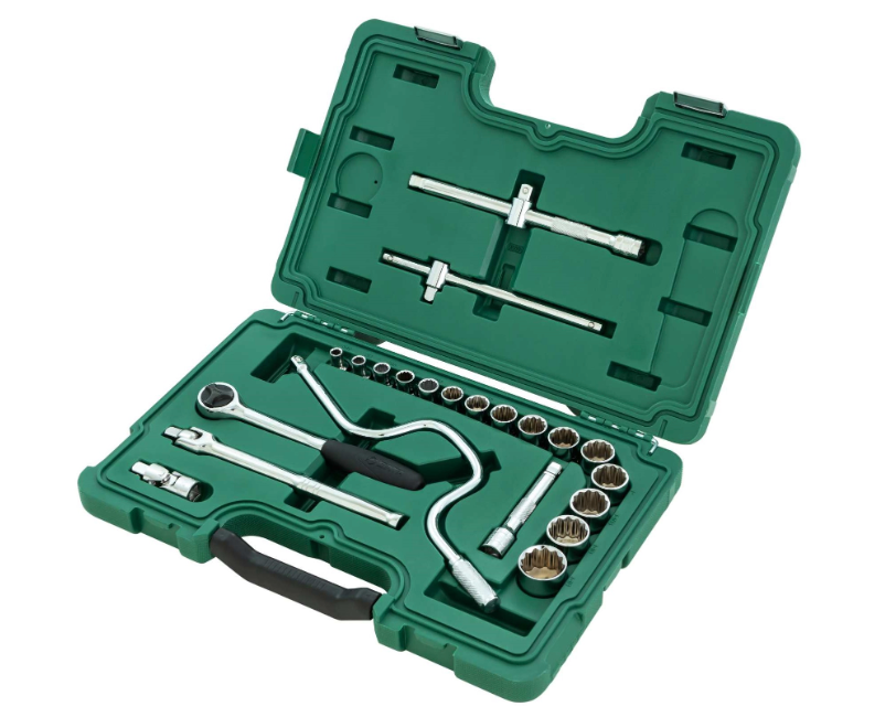 SATA 09088 22-piece 1/2" drive SAE socket set with ratchet, speeder, extension bars & universal joint in a durable case.