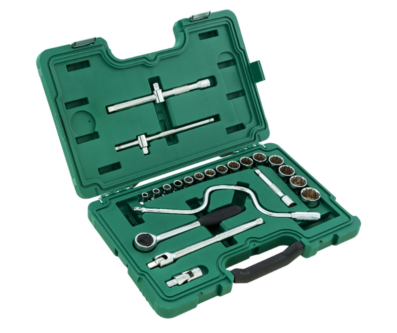 SATA 09088 22-piece 1/2" drive SAE socket set with ratchet, speeder, extension bars & universal joint in a durable case.