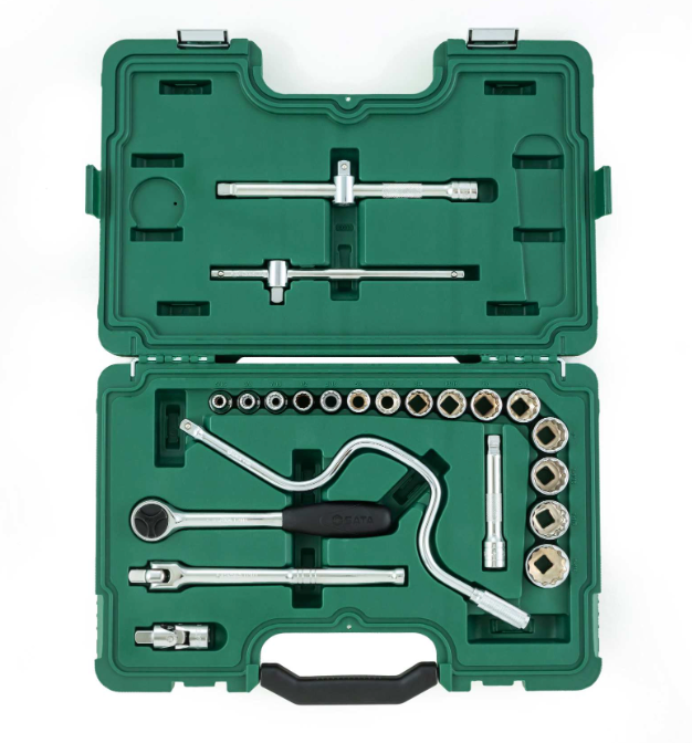 SATA 09088 22-piece 1/2" drive SAE socket set with ratchet, speeder, extension bars & universal joint in a durable case.