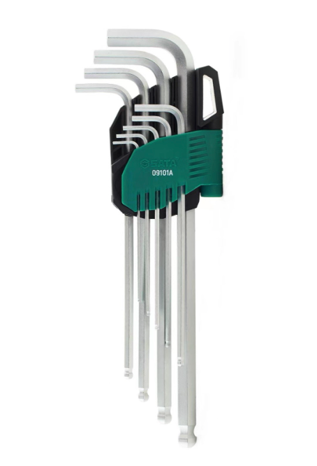 SATA 09101A 9-piece extra long ball point hex key set, metric 1.5-10mm, Cr-V steel with mist chrome finish for durability.