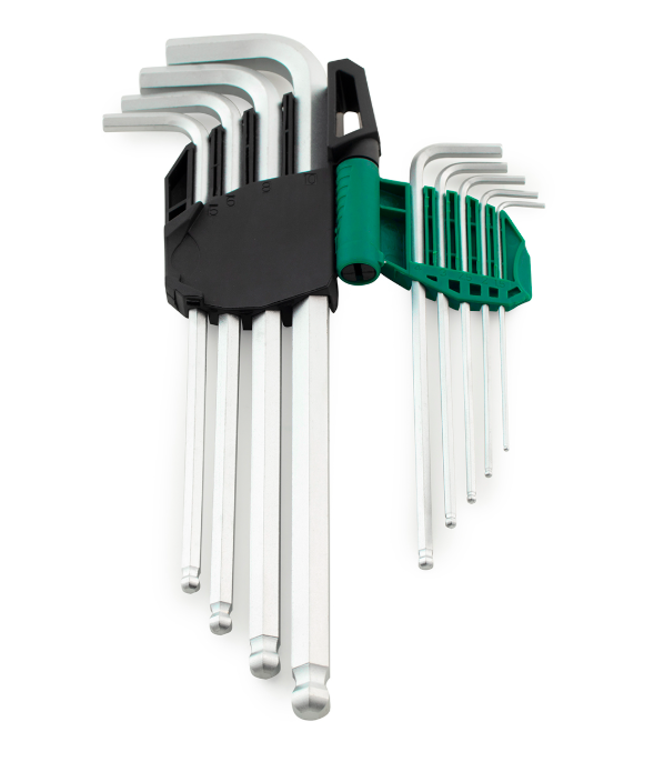 SATA 09101A 9-piece extra long ball point hex key set, metric 1.5-10mm, Cr-V steel with mist chrome finish for durability.
