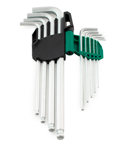 SATA 09101A 9-piece extra long ball point hex key set, metric 1.5-10mm, Cr-V steel with mist chrome finish for durability.