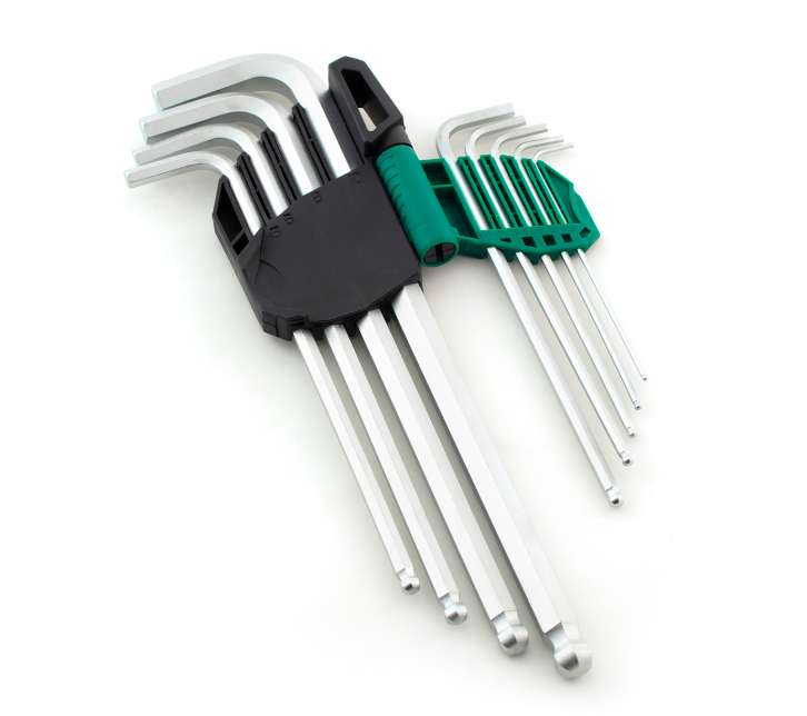 SATA 09101A 9-piece extra long ball point hex key set, metric 1.5-10mm, Cr-V steel with mist chrome finish for durability.