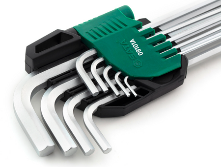 SATA 09101A 9-piece extra long ball point hex key set, metric 1.5-10mm, Cr-V steel with mist chrome finish for durability.