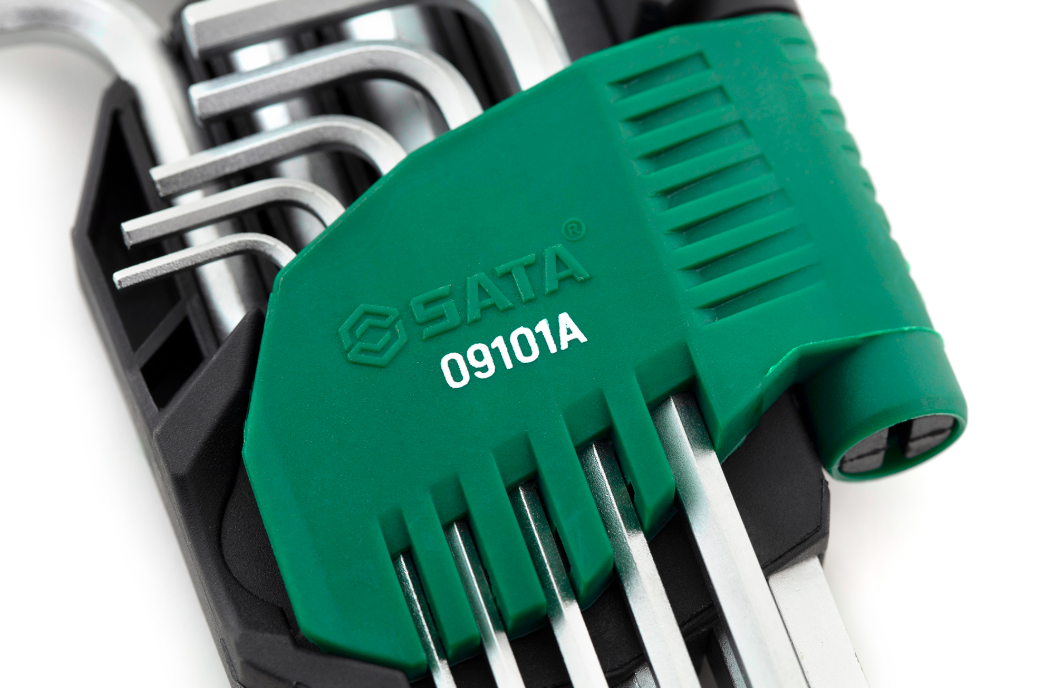 SATA 09101A 9-piece extra long ball point hex key set, metric 1.5-10mm, Cr-V steel with mist chrome finish for durability.