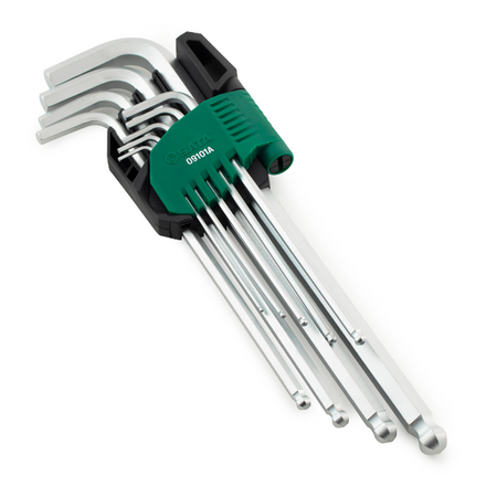 SATA 09101A 9-piece extra long ball point hex key set, metric 1.5-10mm, Cr-V steel with mist chrome finish for durability.