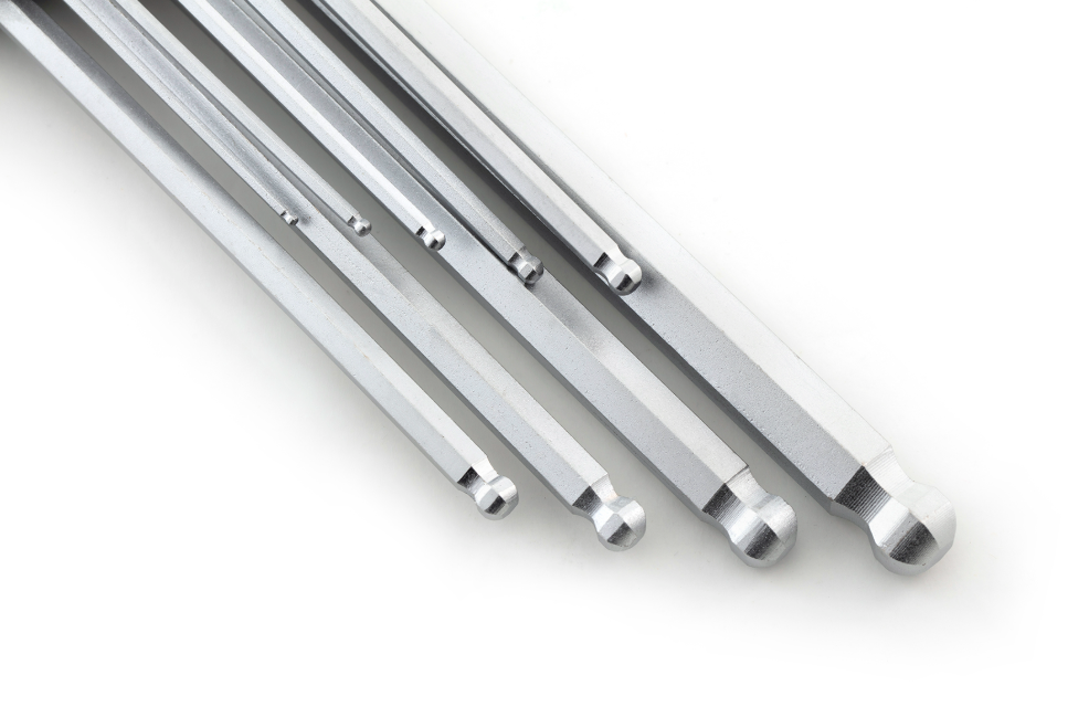 SATA 09101A 9-piece extra long ball point hex key set, metric 1.5-10mm, Cr-V steel with mist chrome finish for durability.