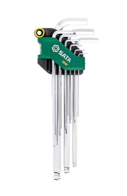 SATA 09101 9-piece extra long ball point hex key set, metric 1.5-10mm. SVCM+ steel, chrome finish. Lifetime warranty.