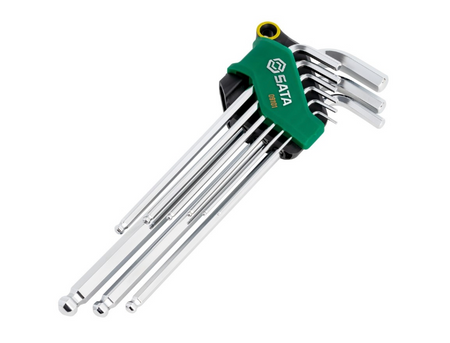 SATA 09101 9-piece extra long ball point hex key set, metric 1.5-10mm. SVCM+ steel, chrome finish. Lifetime warranty.