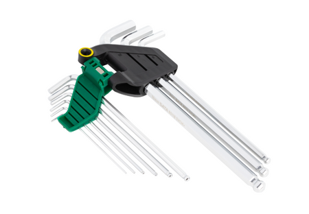 SATA 09101 9-piece extra long ball point hex key set, metric 1.5-10mm. SVCM+ steel, chrome finish. Lifetime warranty.