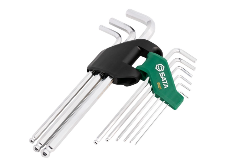 SATA 09101 9-piece extra long ball point hex key set, metric 1.5-10mm. SVCM+ steel, chrome finish. Lifetime warranty.