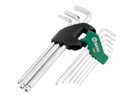 SATA 09101 9-piece extra long ball point hex key set, metric 1.5-10mm. SVCM+ steel, chrome finish. Lifetime warranty.