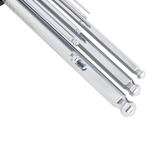 SATA 09101 9-piece extra long ball point hex key set, metric 1.5-10mm. SVCM+ steel, chrome finish. Lifetime warranty.