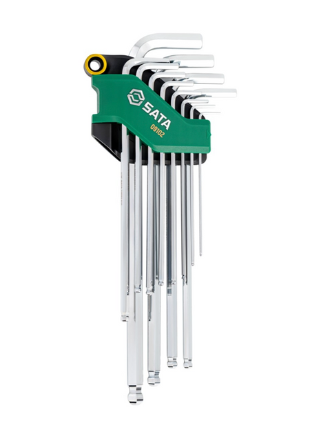 SATA 09102 12-piece extra long ball point hex key set, SAE 1/16"-3/8". S2 steel with polished chrome finish.