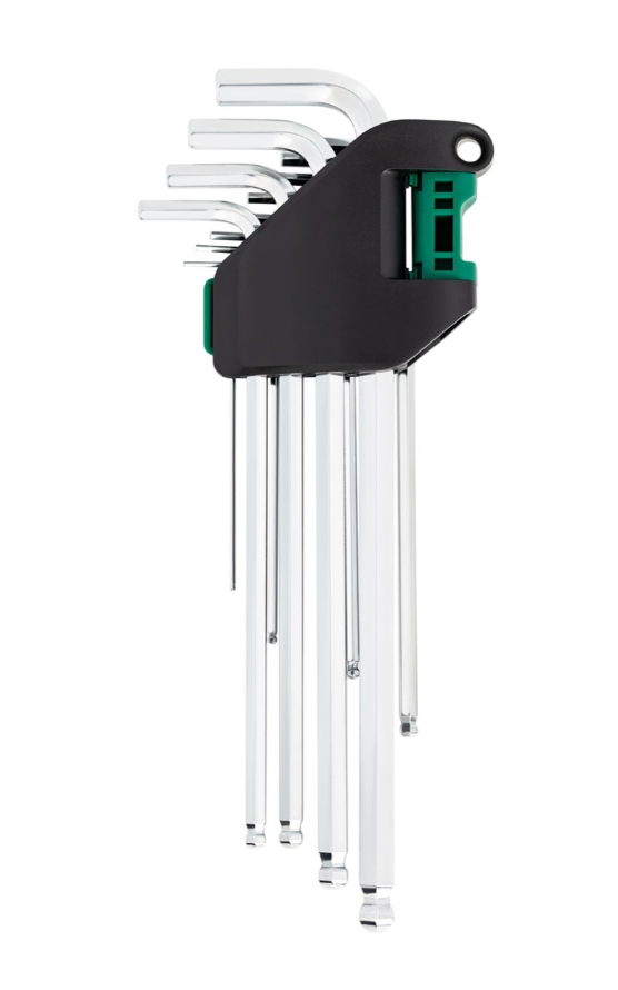 SATA 09102 12-piece extra long ball point hex key set, SAE 1/16"-3/8". S2 steel with polished chrome finish.