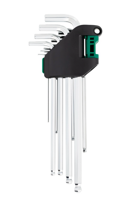 SATA 09102 12-piece extra long ball point hex key set, SAE 1/16"-3/8". S2 steel with polished chrome finish.