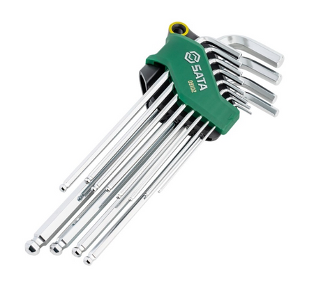 SATA 09102 12-piece extra long ball point hex key set, SAE 1/16"-3/8". S2 steel with polished chrome finish.