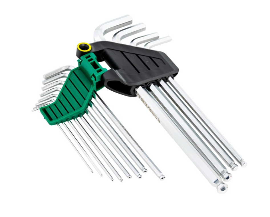 SATA 09102 12-piece extra long ball point hex key set, SAE 1/16"-3/8". S2 steel with polished chrome finish.