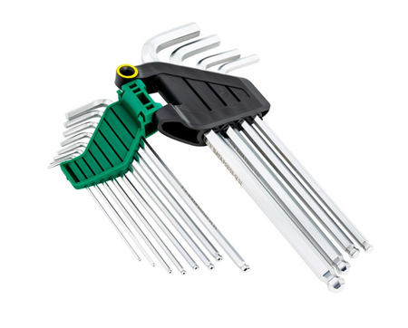 SATA 09102 12-piece extra long ball point hex key set, SAE 1/16"-3/8". S2 steel with polished chrome finish.