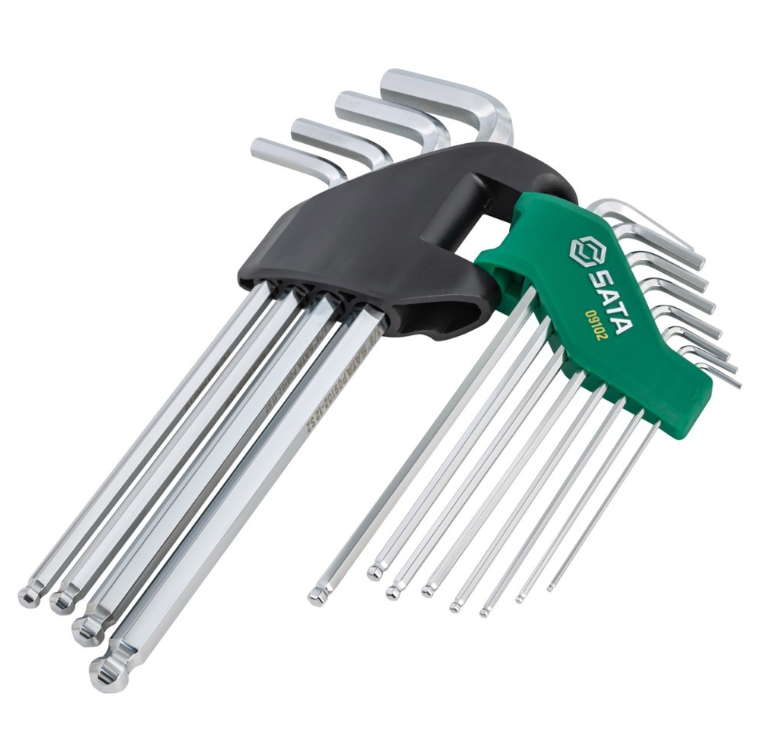 SATA 09102 12-piece extra long ball point hex key set, SAE 1/16"-3/8". S2 steel with polished chrome finish.