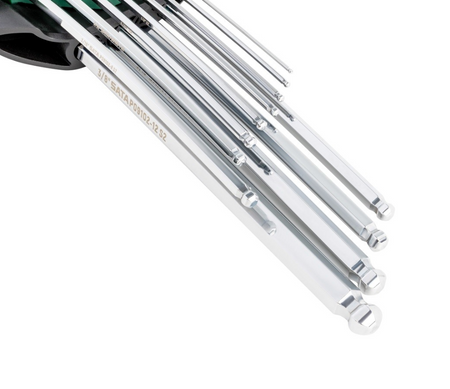 SATA 09102 12-piece extra long ball point hex key set, SAE 1/16"-3/8". S2 steel with polished chrome finish.