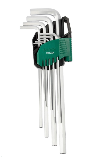 SATA 09103A 9-piece extra long hex key set, metric 1.5-10mm, Cr-V steel with mist chrome finish for durability.