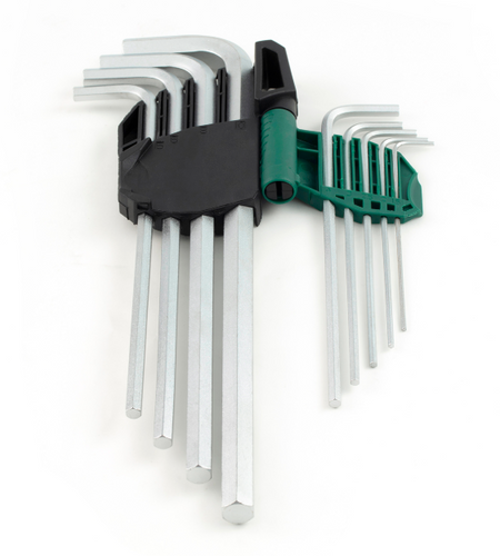 SATA 09103A 9-piece extra long hex key set, metric 1.5-10mm, Cr-V steel with mist chrome finish for durability.