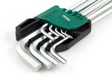 SATA 09103A 9-piece extra long hex key set, metric 1.5-10mm, Cr-V steel with mist chrome finish for durability.