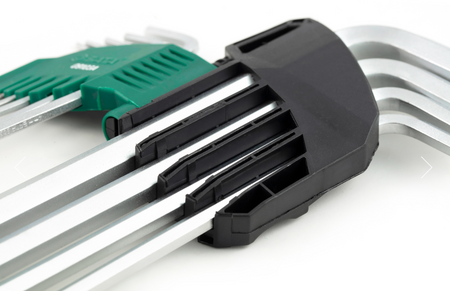 SATA 09103A 9-piece extra long hex key set, metric 1.5-10mm, Cr-V steel with mist chrome finish for durability.