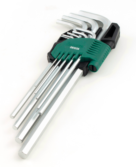 SATA 09103A 9-piece extra long hex key set, metric 1.5-10mm, Cr-V steel with mist chrome finish for durability.