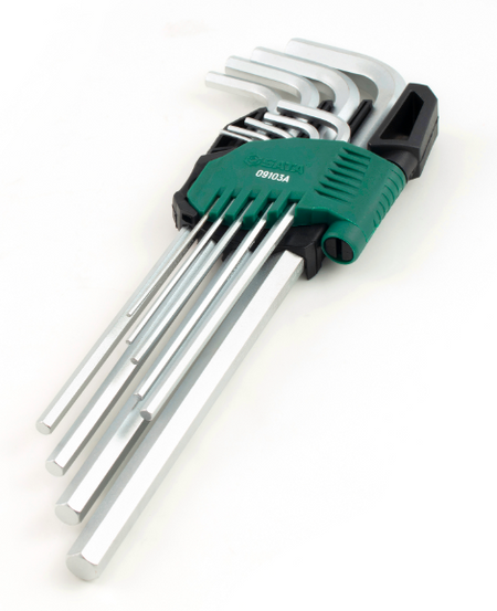 SATA 09103A 9-piece extra long hex key set, metric 1.5-10mm, Cr-V steel with mist chrome finish for durability.