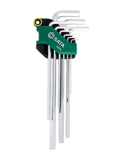 SATA 09103 9-piece extra long hex key set, metric 1.5-10mm. SVCM+ steel for higher torque, fully polished chrome finish.