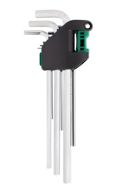 SATA 09103 9-piece extra long hex key set, metric 1.5-10mm. SVCM+ steel for higher torque, fully polished chrome finish.
