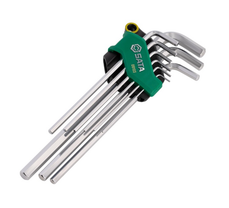 SATA 09103 9-piece extra long hex key set, metric 1.5-10mm. SVCM+ steel for higher torque, fully polished chrome finish.