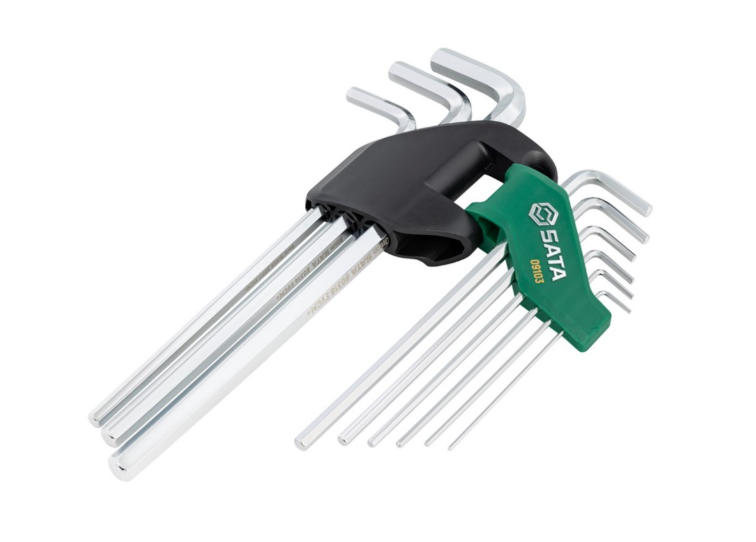 SATA 09103 9-piece extra long hex key set, metric 1.5-10mm. SVCM+ steel for higher torque, fully polished chrome finish.